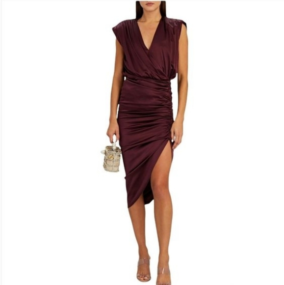 NWT Veronica Beard Casela Ruched Stretch-Silk Dress Color Dark Fig Size 2 - Picture 5 of 16